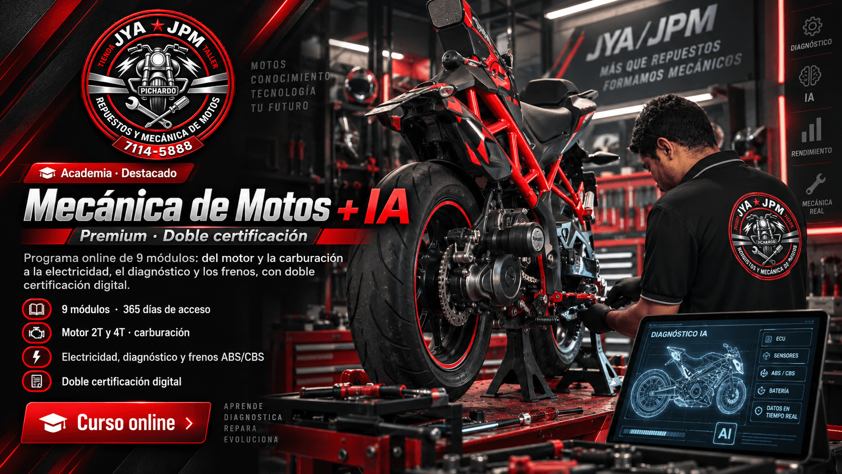Mecánica de Motos + IA — curso online premium con doble certificación